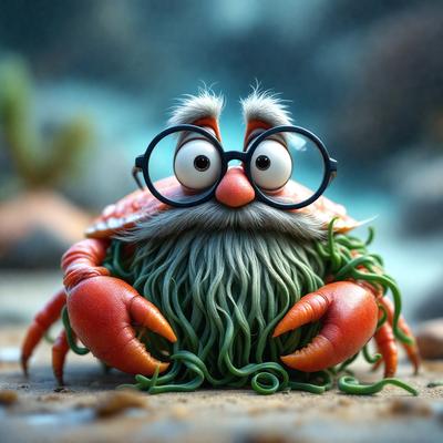 The primary subject of the image is a cartoon crab with glasses, sitting on a beach. The crab is surrounded by a green, stringy substance, which appears to be a representation of seaweed. The setting is a beach environment, with a rocky surface visible in the background. The visual style of the image is a digital art or illustration, with a colorful and playful atmosphere.